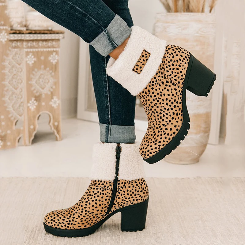 

Women's Winter High-Heeled Round-Toe Martin Boots Thick Heels Plus Velvet Warm Plush Short Women's Boots сапоги женские