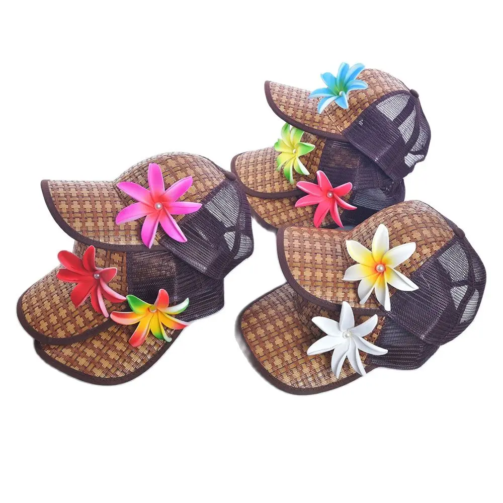 Free Shipping KN-hh005 24pcs/lot Foam Plumeria Flower On Handmade Woven Baseball Cap Trucker Hat Women Summer Beach Sun Visor