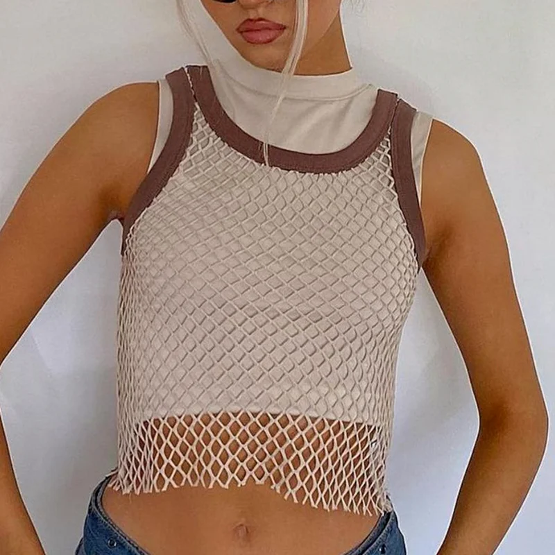 2023 New High Street Casual All-match Women Slim Stretch Top Crop Tops Chic Summer Fashion Casual Sexy Mesh Hollow Women's Vest