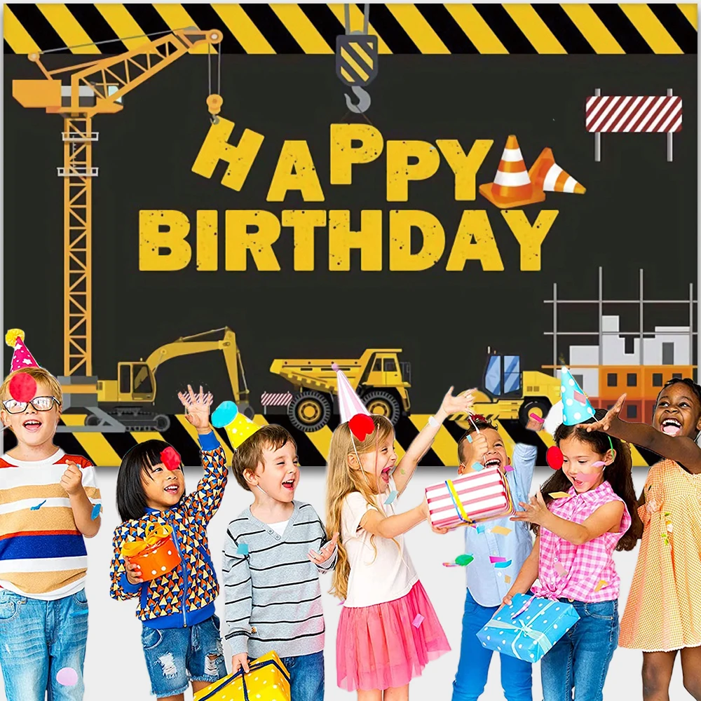 Construction Team Backdrop for Boys Birthday Party Excavator Crane Traffic Truck Baby Shower Kids Photography Background Decor