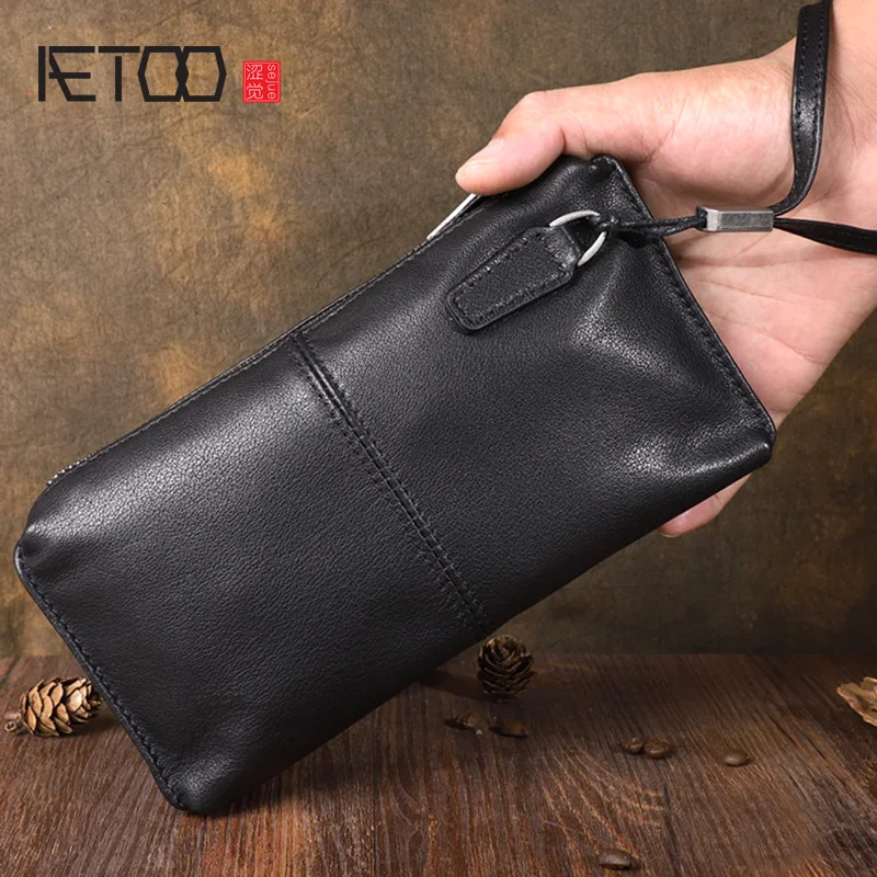 AETOO Original hand-made vintage genuine leather long Clutch leather soft handbag clutch large-capacity youth hand strap