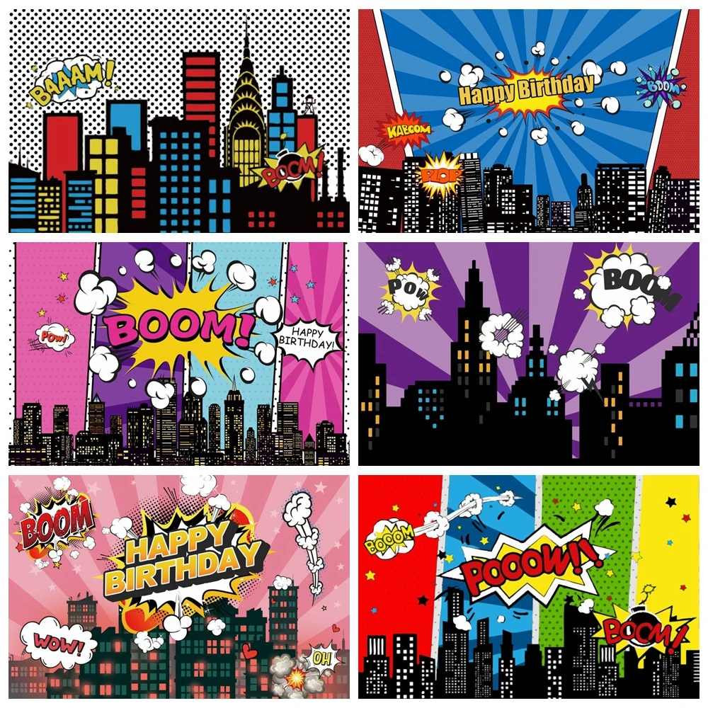 

Laeacco Superhero Baby Birhday Party Comics City Buildings Poster Portrait Photo Backgrounds Photography Backdrops Photo Studio