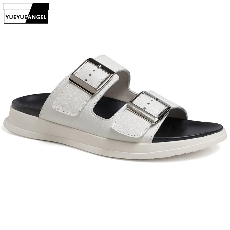 

Genuine Leather Buckle Summer Mens Outdoor Slippers Personality Casual Sandals Slides Brand Breathable Black White Beach Shoes