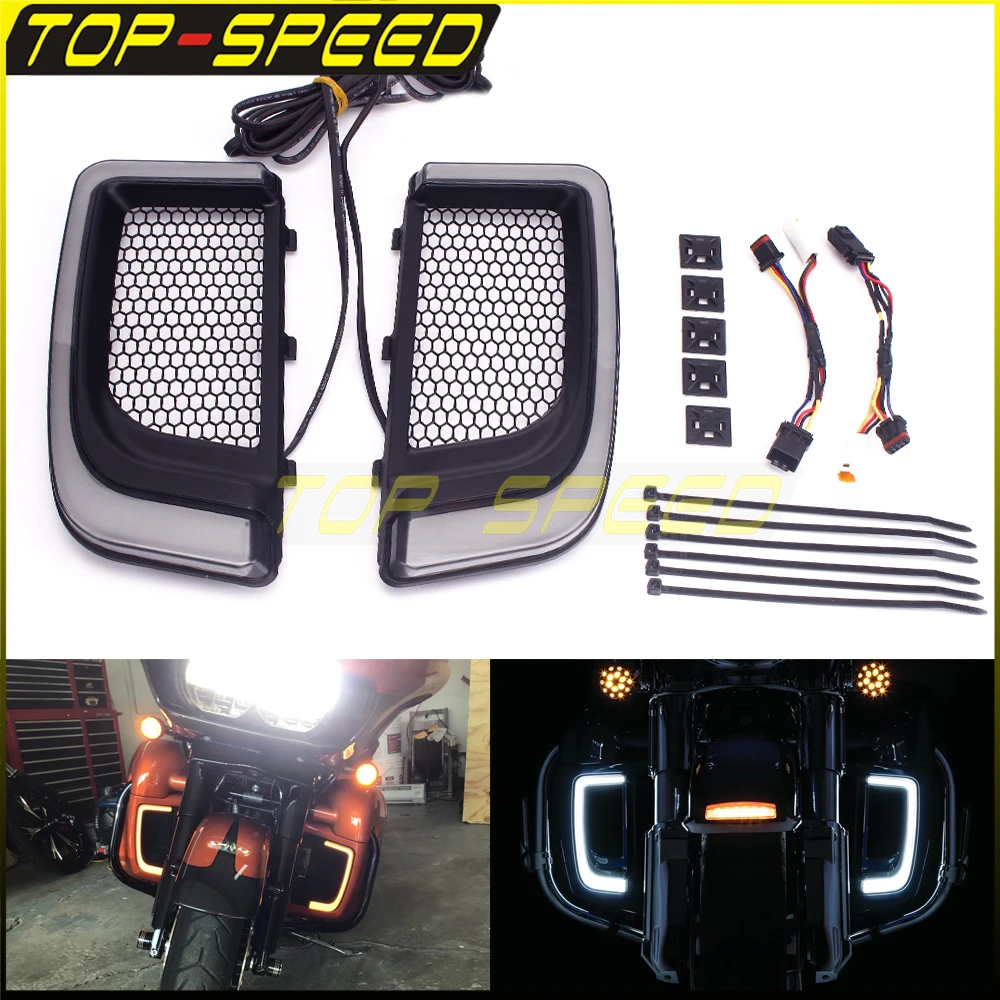 LED Front Light Turn Signal Indicator Lower Vented Fairing Grille Case For Harley Touring FLHT FLHX FLTR FLHTK Road Glide 14-20