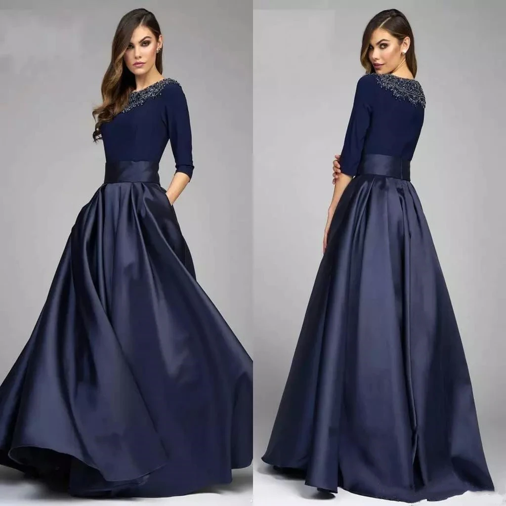 Navy A Line Mother of the Bride Groom Dresses With Half Sleeves Beaded Long Evening Formal Gowns Custom Made Mother's Dress