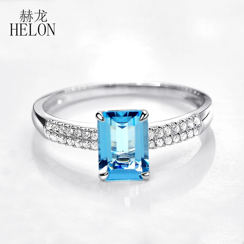 HELON Solid 14K White Gold 6x8mm Emerald Cut Blue Topaz & Diamonds Engagement Ring For Women Birthday Anniversarry Best Gift