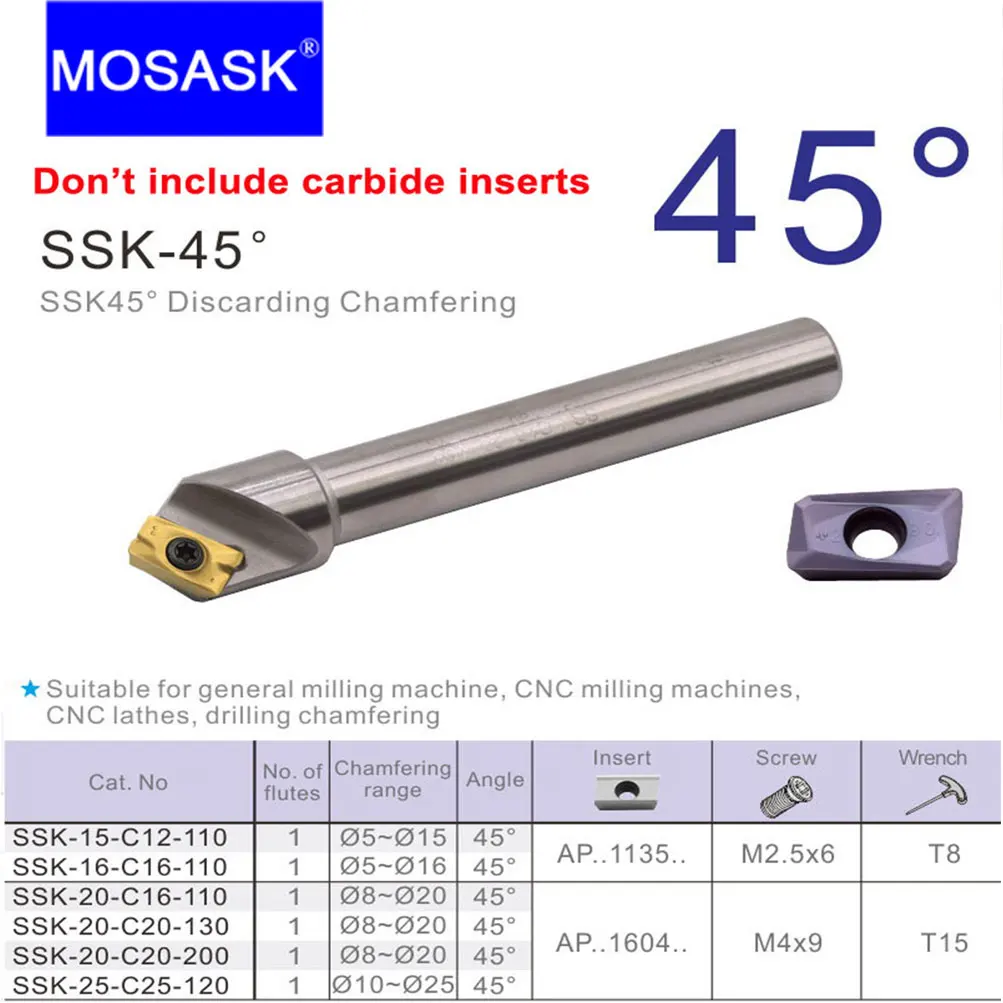 MOSASK  SSK Holder 12mm Chamfer Mill Tool 45 Degree APMT 1135 Carbide Inserts CNC Lathe Milling Chamfering Cutter