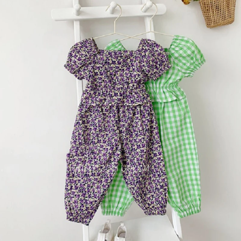 Girls Suit Plaid Floral U-Neck Blouse +Trousers 2021 Summer New Fashion Baby Kids Cute Children'S Clothing