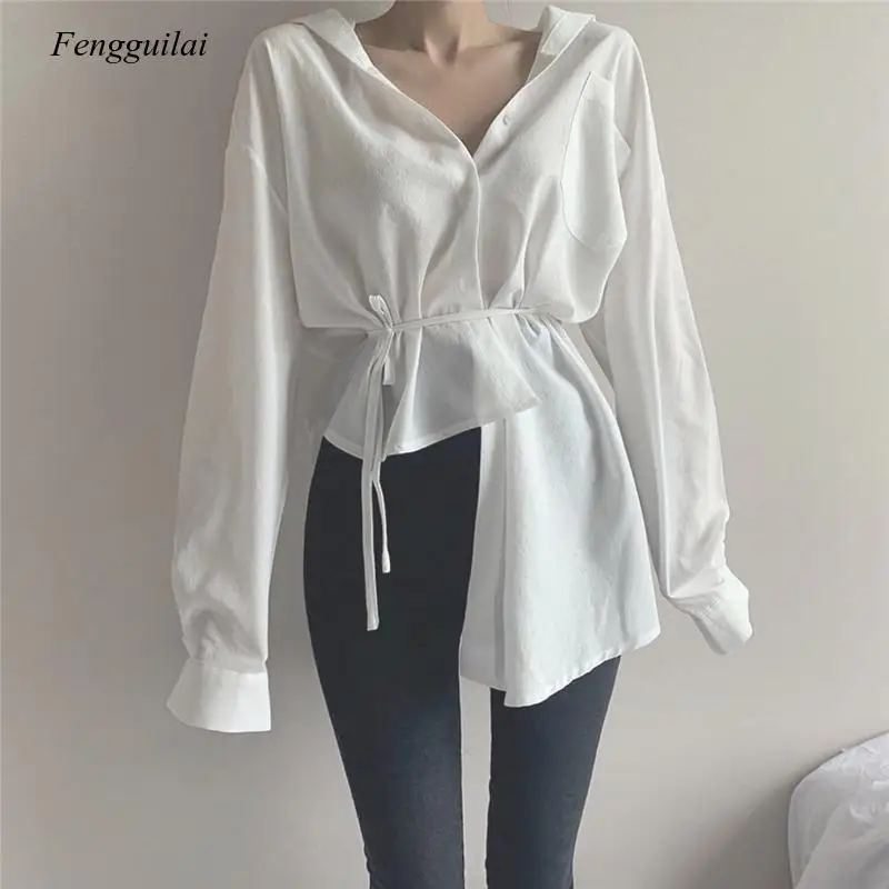 2021 Spring Long Sleeve V-Neck Cardigan Button Up Shirt Casual Lace-Up White Blouse Irregular Korean Style White Tops for Women