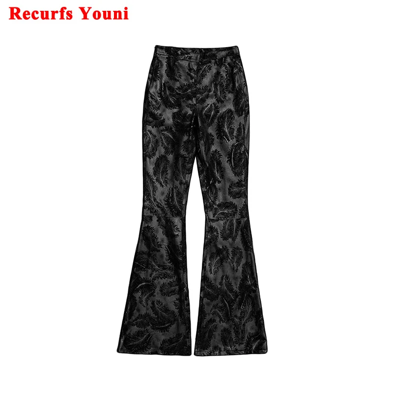 Genuine Leather Flared Trousers Women Female Novelty Feather Print Slim Retro Big Horn Thin Pants Mujer 105 cm Long  Pantalon