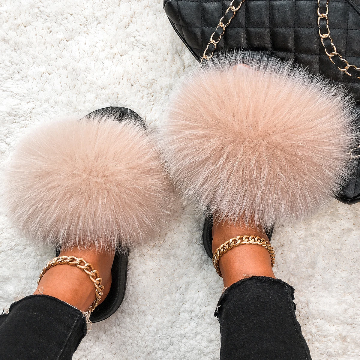 

Ethel Anderson Real Furry Fox Fur Slippers Women's Cute Fluffy Fur Slides Natural Raccoon Flip Flops Sandals Plush Flat Shoes