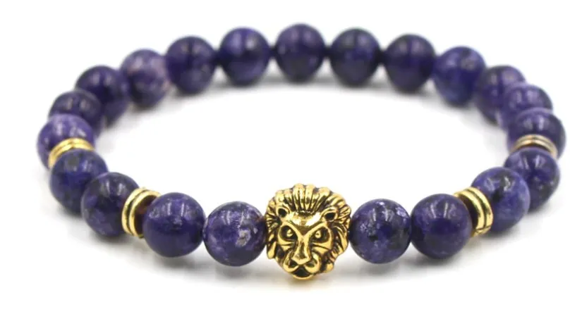 8mm tg432 elastic adjusted Macrame Charm nature lapis lazuli Lion head Charm Bracelet Jewelry