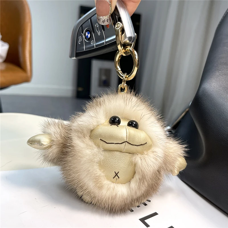 Plush Real Mink Fur Keychain Cute Monkey Kids Toys Bag Pendant Women Car Keyrings Ornaments Hanging Chain Decoration Trinkets