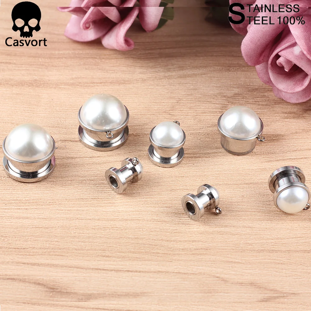 Casvort  2 PCS Pair Selling Stainless Steel Elegant Wedding Pearl Ear Piercing Ear Plugs Tunnels Body Piercing Jewelry