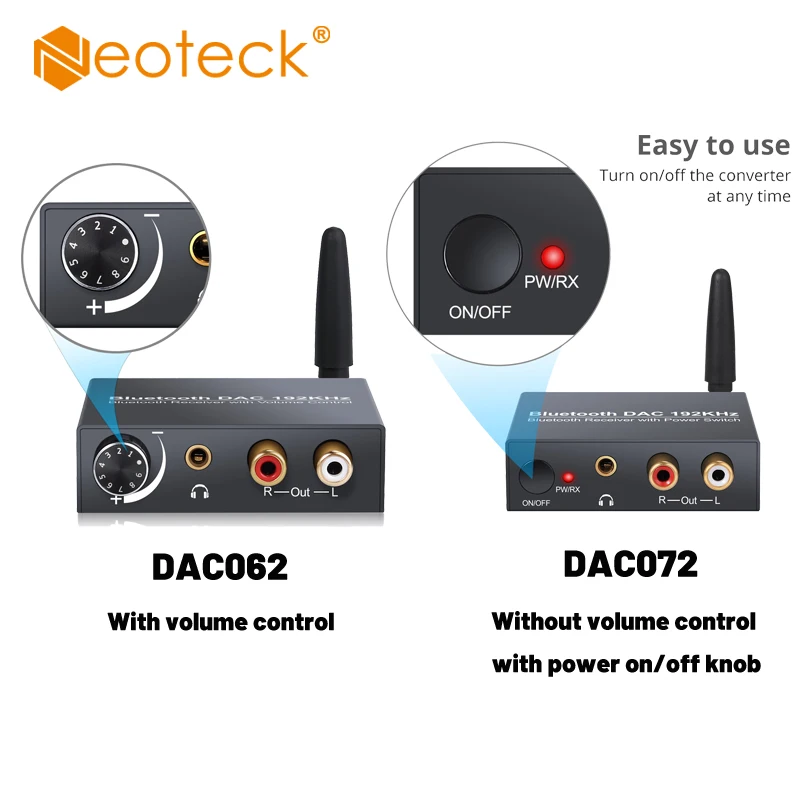 Neoteck 192Khz Bluetooth-Compatible DAC Digital to Analog Audio Converter Adapter Optical Coxial to RCA 3.5mm Jack Audio Adapter