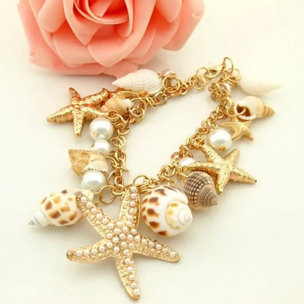 Women Beach Bracelet Cute Adjustable Gold Plated Ocean Faux Pearl Shell Starfish Link Chain Beach Bracelet