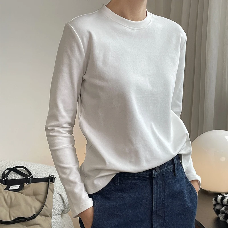 Women's casual solid color round neck long-sleeved T-shirt top