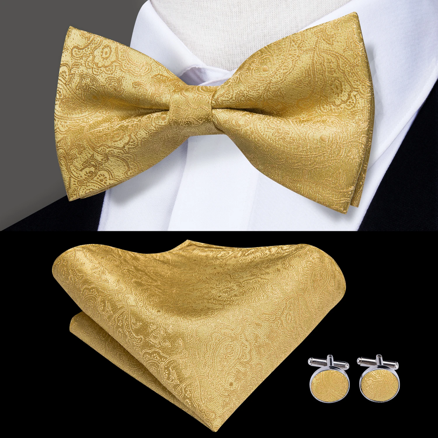 Hi-Tie luxe or soie nœuds papillon pour hommes mode hommes jaune noeud papillon mouchoir boutons de manchette broche ensemble papillon ensemble de mariage