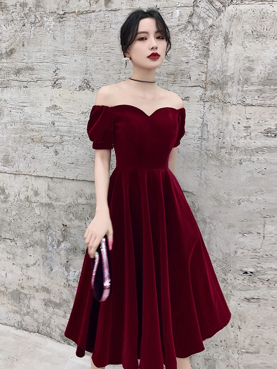 Burgundy Short Evening Dresses 2021 Off Shoulder Prom Dresses Velvet Women Formal Party Night Vestidos De Gala Graduation Gowns