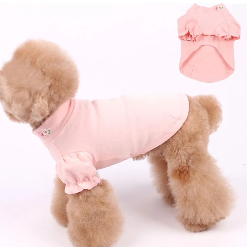 White Pink Pet Clothes For Girls Embroidery Flower on Clothes Collar Teacup Cat Bubble Sleeves Dog Clothing Bottom Shirt Hoodies