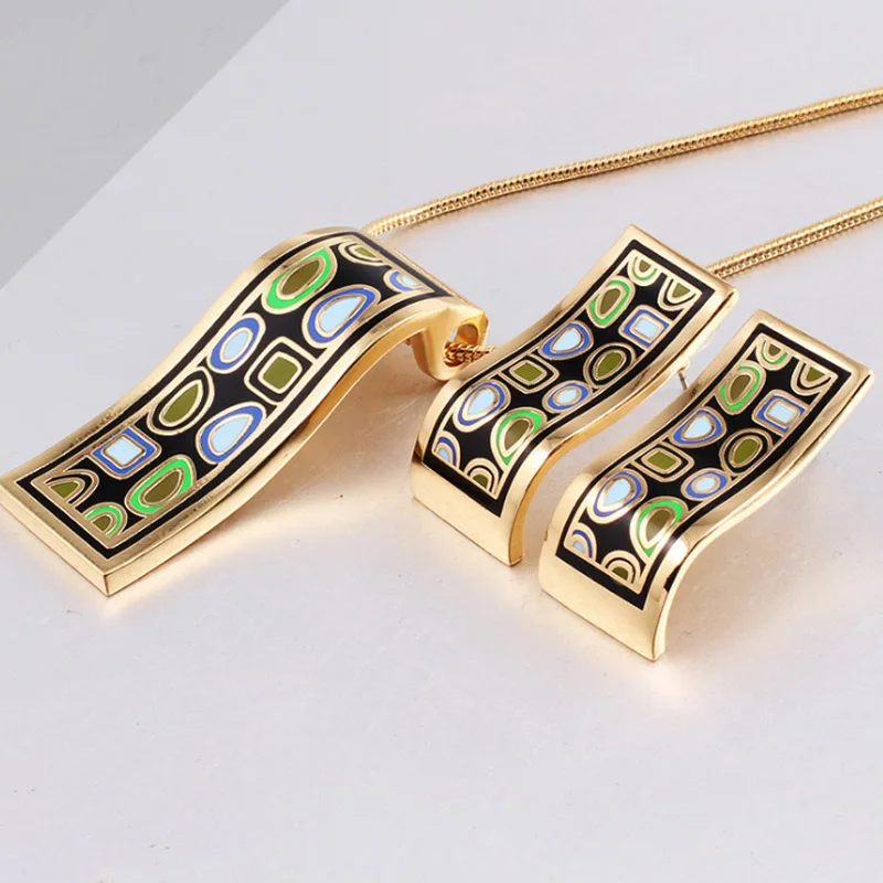 zlxgirl Couple jewelry Geometry Enamel Stainless steel pendant earring sets Europe Brand gold chain necklace ear bijoux