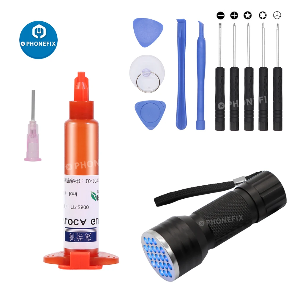 

tp-2500 UV Glue LOCA Liquid Optical Clear Adhesive 5ml 10ml with UV Cutting Light Screwdriver Set for Phone glass Screen Repair