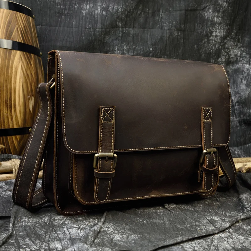 Rocznika prawdziwej skóry męskie torby na ramię prawdziwa końska skóra skórzane duże teczka na laptopa A4 torba Brown w stylu Casual, biurowy torba