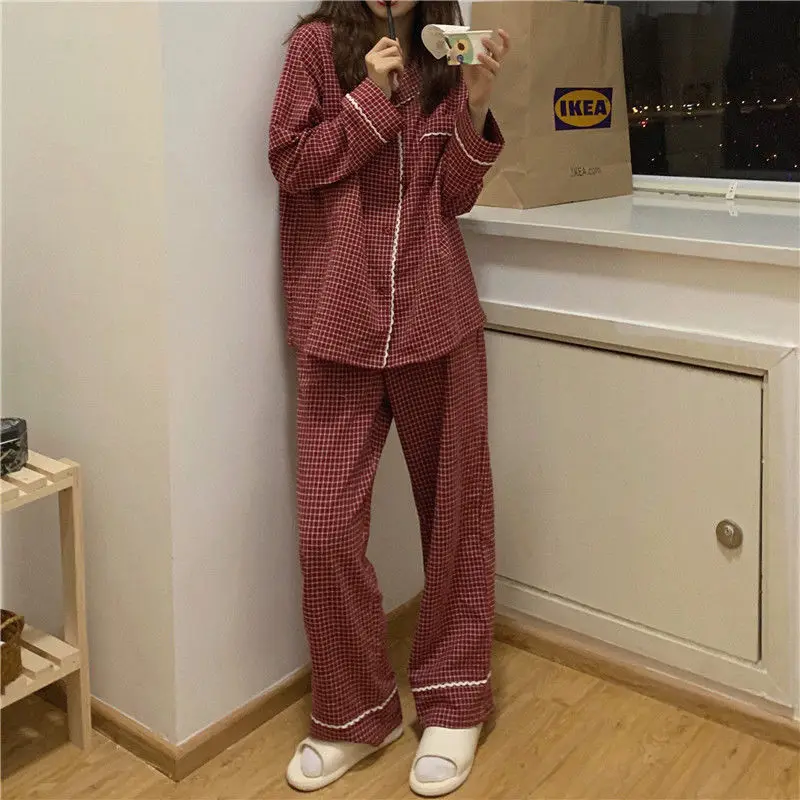 Women Ruffles Patchwork Pajama Sets Long Sleeve Tops Full Length Pants Slim Gentle Sleepwear Cozy Fashion Lounge Females Popular