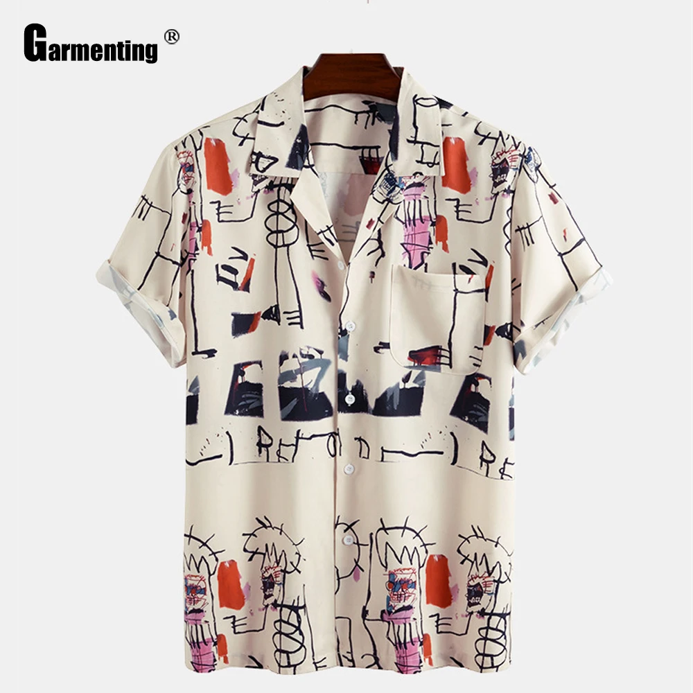 

Garmenting Trendy 2021 Single Breasted Shirt Mens Fashion Cartoon Print Blouses Summer Casual Tops Men Open Stitch Thin Shirt