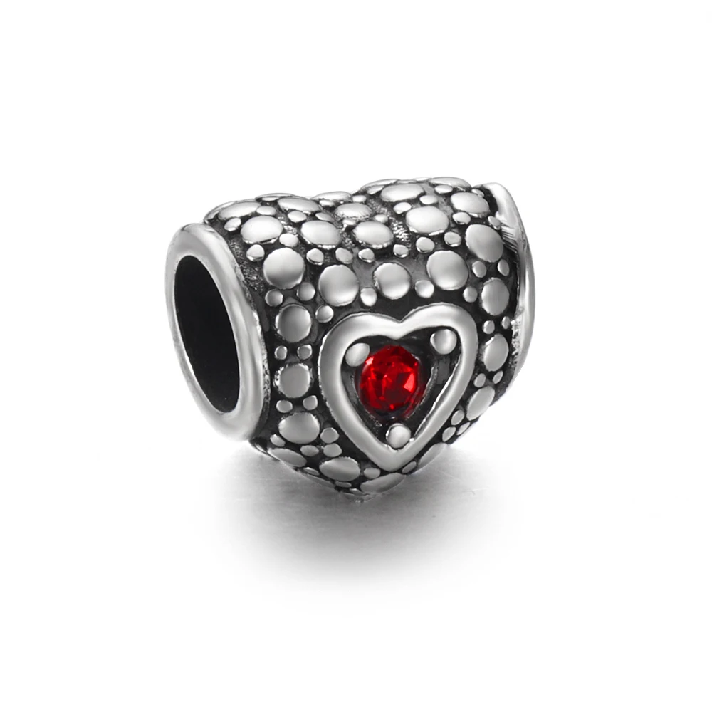 Stainless Steel Heart Bead Red Rhinestone 4mm Hole Metal European Beads Bracelet Charms for DIY Jewelry Making Accessories