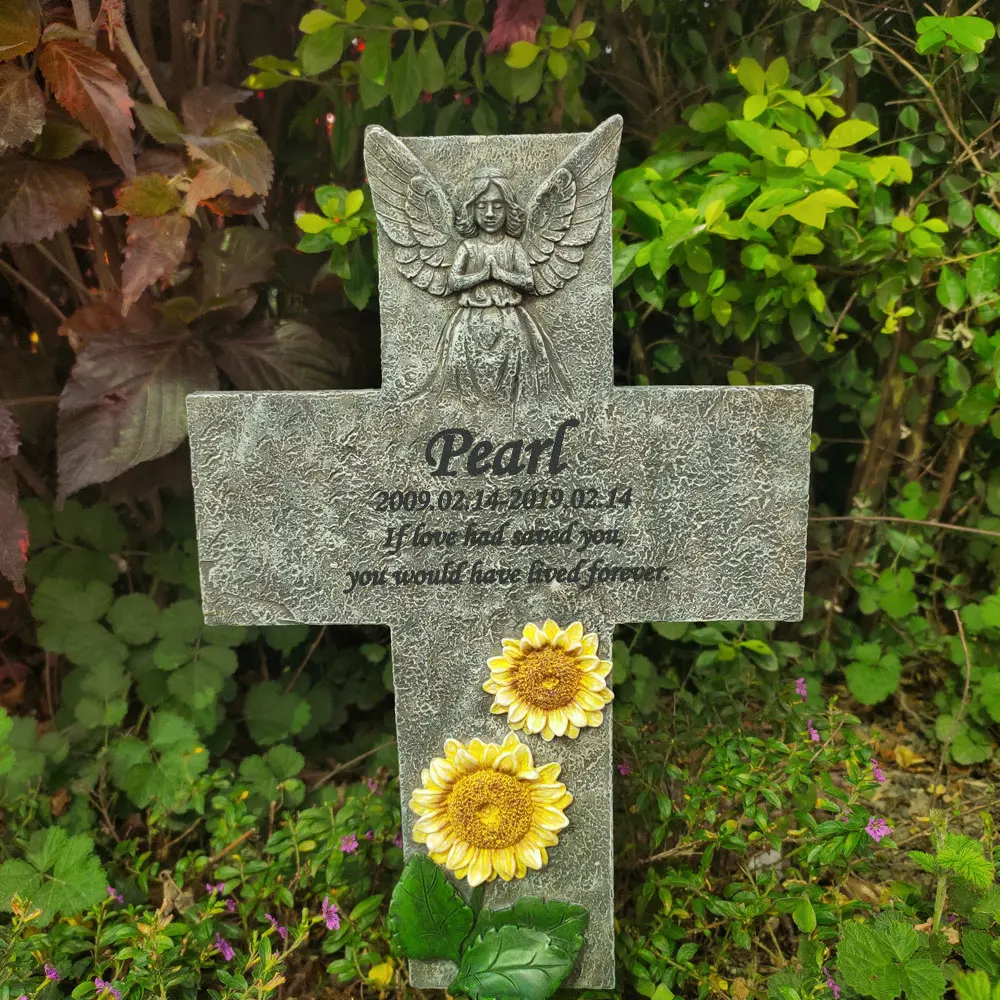 12.7 Inches Personalized Pet Memorial stone Standing Cross with Sunflower and Angel, Custom Dog Grave Marker, Cat Headstone