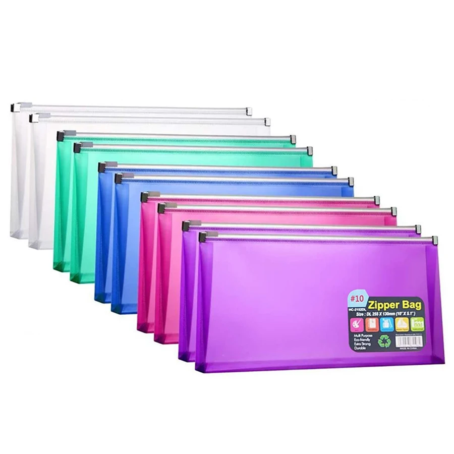 10Pcs/Set 5 x 10 Inches Assorted Colors Clear Poly Zipper Plastic Envelopes Folder for Money Receipts Coupons Bills