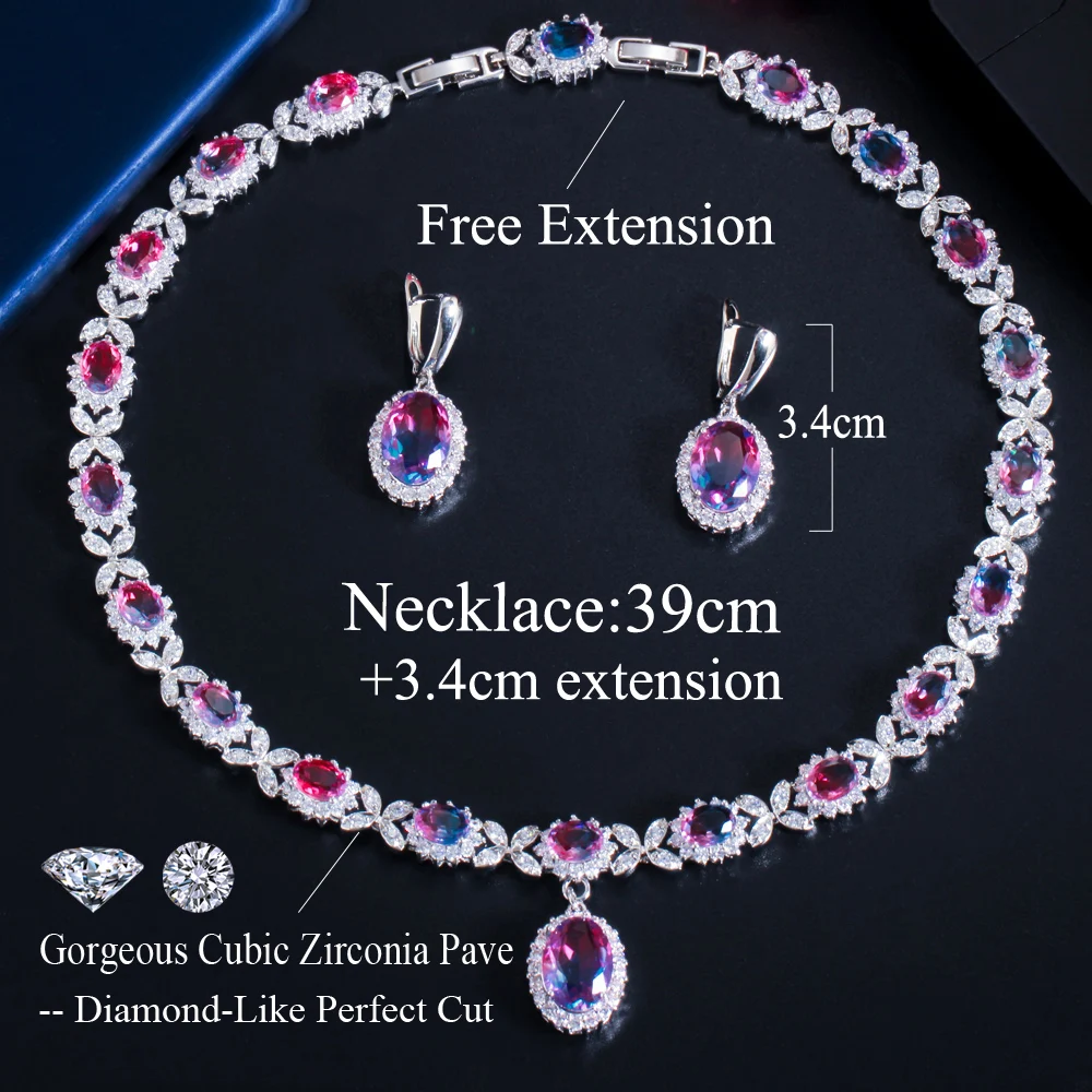 CWWZircons Elegant Mystical Rainbow Cubic Zirconia Crystal Oval Drop Earrings and Necklace Set for Women Party Jewelry Gift T509