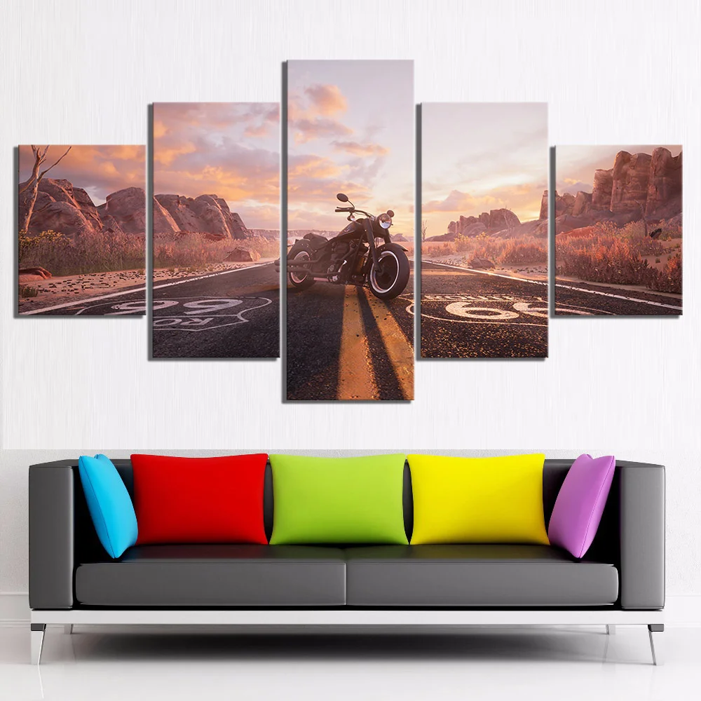 Wall Art Canvas Paintings 5 Piece HD Picture Road Numbers Route 66 Motorcycle Vehicle Poster Wall Sticker Landscape Home Decor