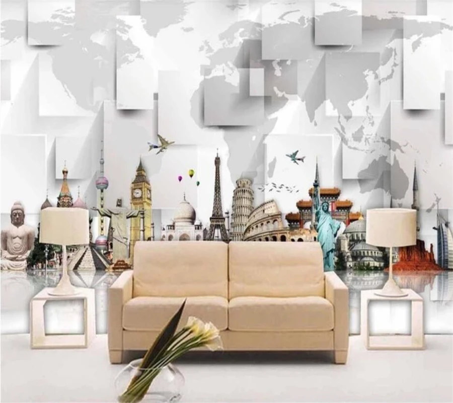 Custom wallpaper 3d world tourist attractions landscape architecture beautiful tv background wall living room 3d papel de parede