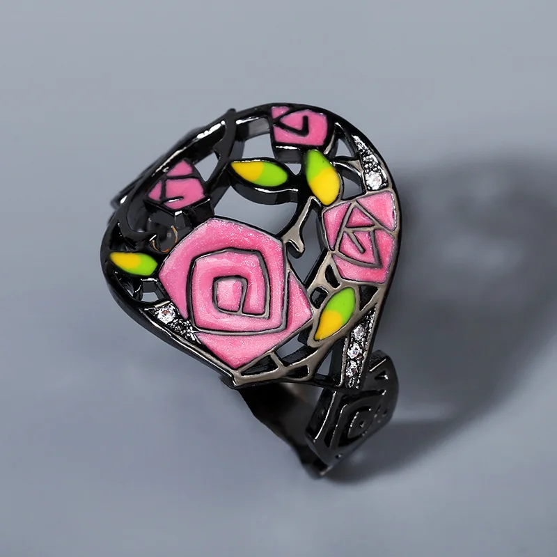 2020 Hot sale Thorns rose ring ladies hand-painted enamel ring 925 silver flower ring for women fashion niche ring jewelry gift