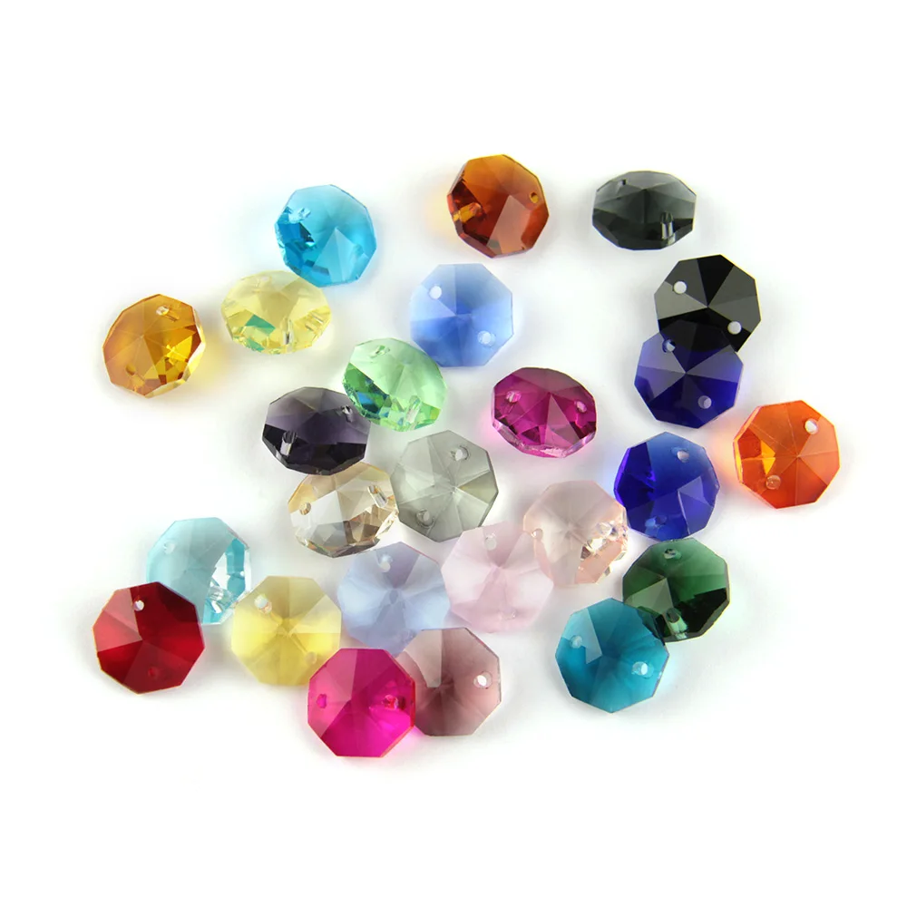 10pcs 14mm Crystal Glass Prisms Octagon Beads With 1 Hole/2 Holes Lamp Chandelier Parts For Pendant Decoration