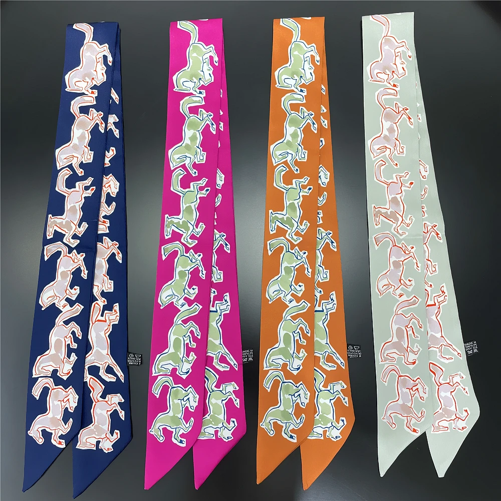 Fashion Women Scarf 2024 Brand Design Luxury Silk Scarf Fashion Horse Print Hair Headband Skinny Bag Scarves Neckerchief