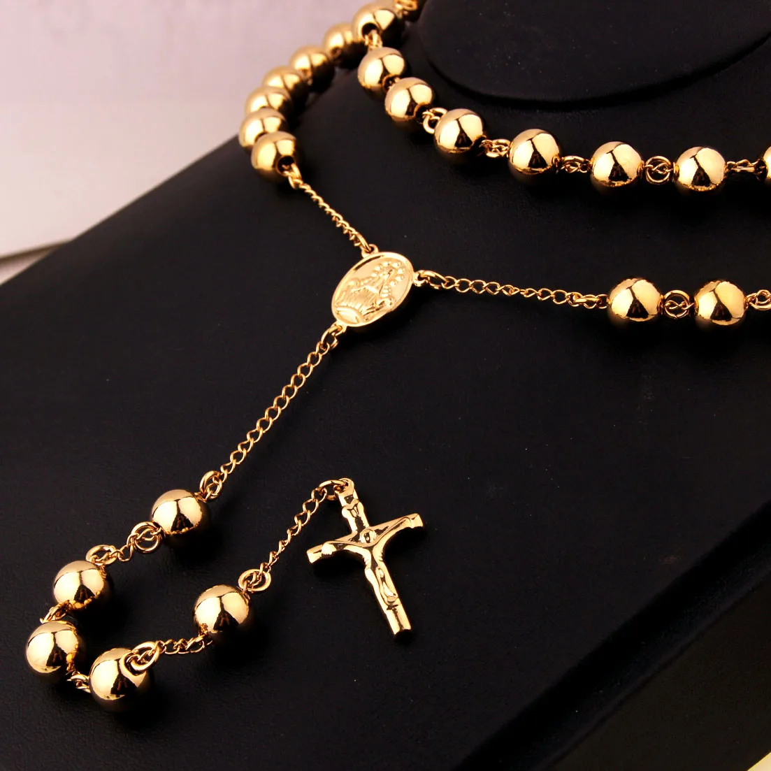 Mens Necklace Chain Italy Gold Tone Bead Chain Crown Rosary Jesus Cross Pendant Stainless Steel 4/6/8/10mm Cool Jewelry