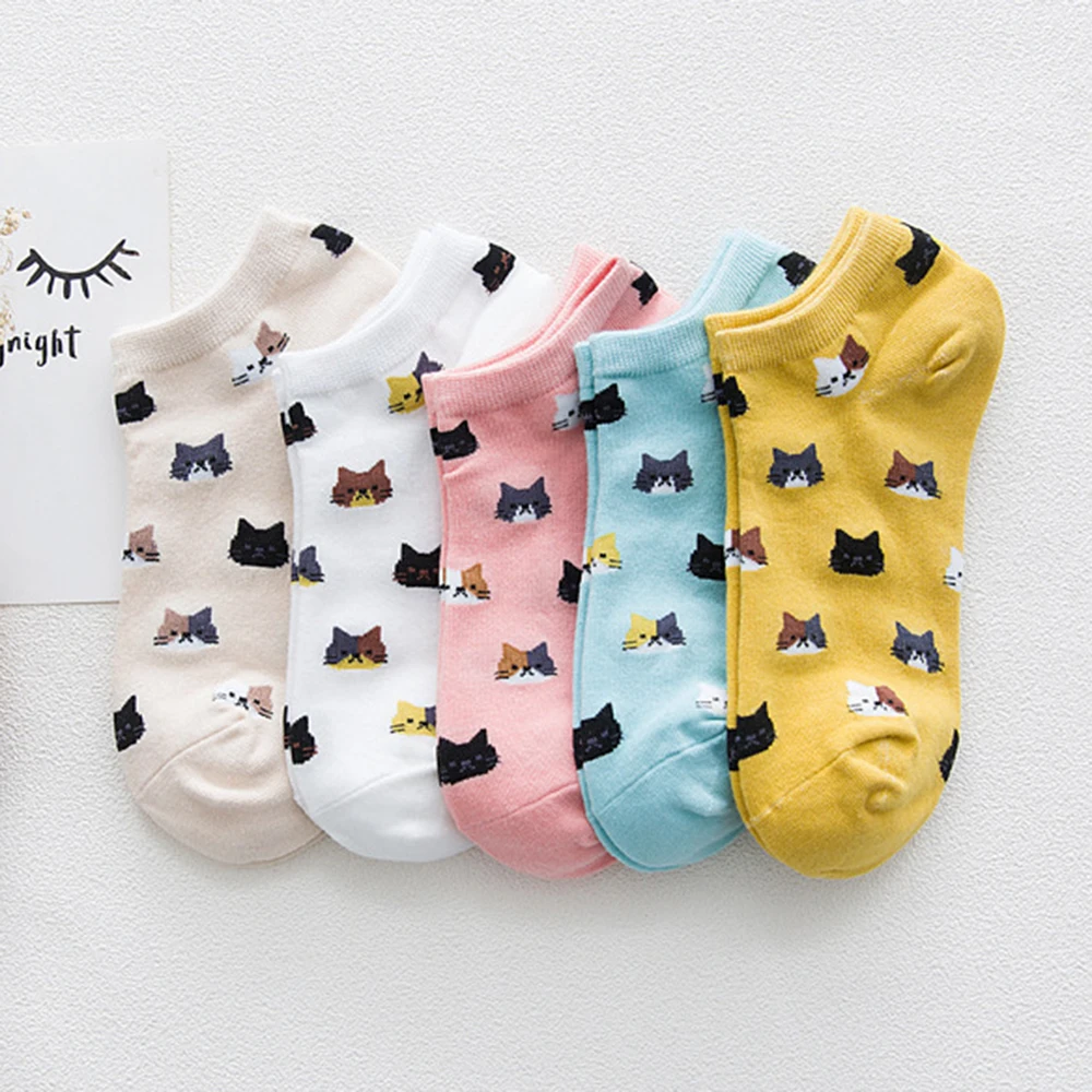 5 Pairs Women Cartoon Short Socks Cute Animal Cat Low Ankle Cotton Socks Korean Fashion Girls Kawaii Casual Sox calcetines mujer