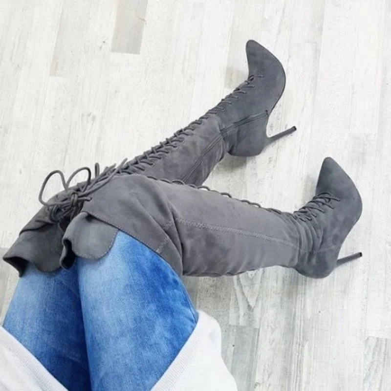 Boots Women Shoes Sexy Over The Knee Long Boots High Heels Lace-up Cross-tied Suede Thigh Boots Female Ladies Shoes Plus Size 43