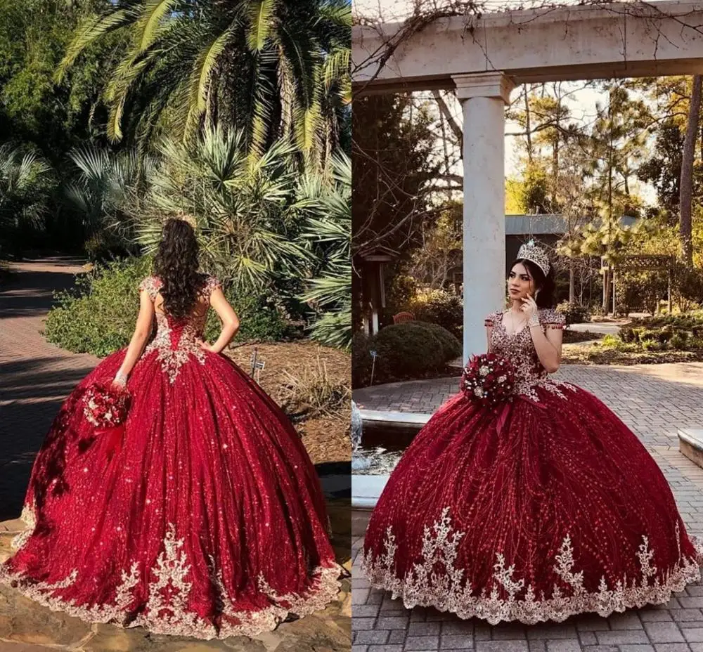 الظلام الأحمر كرة مطرزة ثوب Quinceanera فساتين خرز ذهبي الحلو 16 اللباس مهرجان أثواب vestido دي 15 anos أنوس quinceañera