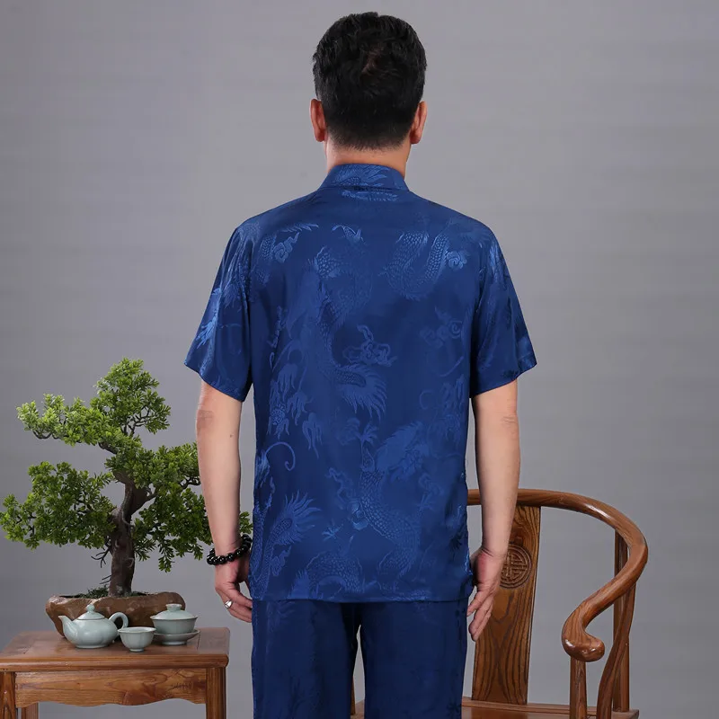 Navyblue Dragon Chinese Men Kung Fu Suit Satin Wu Shu Uniform Short Sleeve Long Pants Tai Chi Set Traditional Novelty Clothes