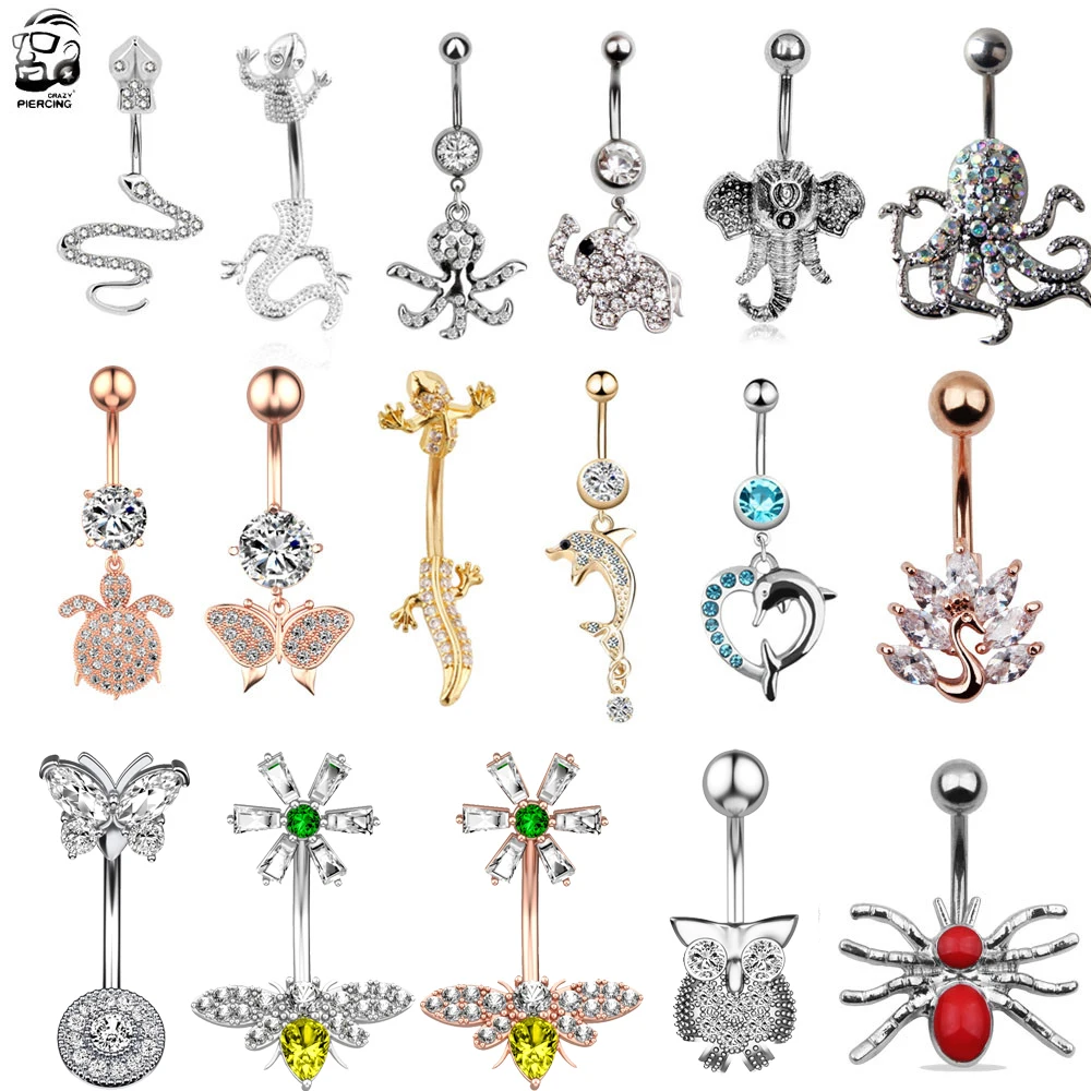 Animal Series Snake Navel Belly Piercing Ombligo 14G Surgical Steel Butterfly Lizard CZ Belly Button Rings Lady Body Piercings