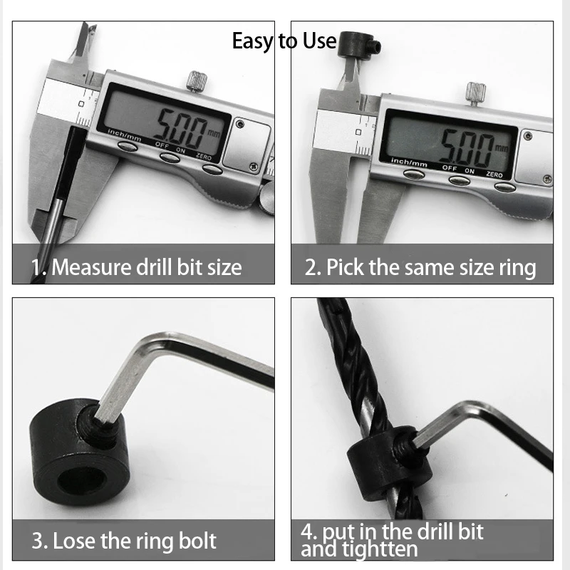 9pcs Woodworking Drill Bit Depth Stop Collars Ring Dowel Shaft Chuck Wrench Ring Drilling Positioner Spacing Ring Locator Tool