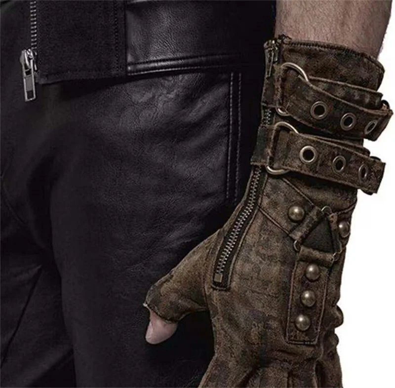 2021 Medieval Men Cosplay Retro Gloves Steampunk Men Arm Guard Rivet Gloves Belt Buckle Adjustable Halloween Accessories