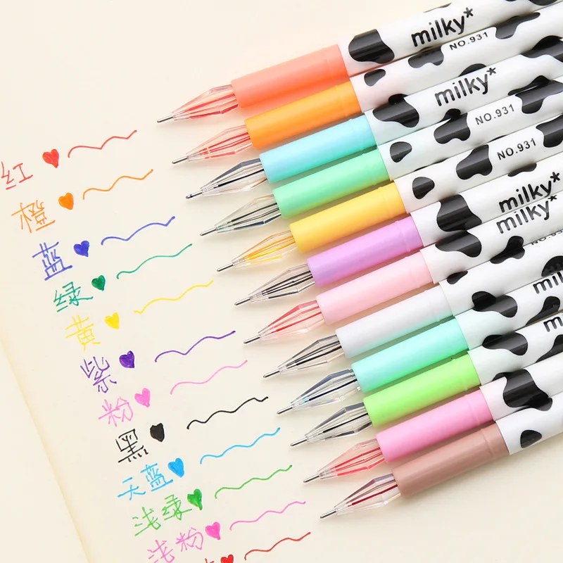 

12-Color Diamond Gel Pens Set Korean Cartoon Creative Stationery Milky Cow Color Colors Pen Student Drawing Stationery