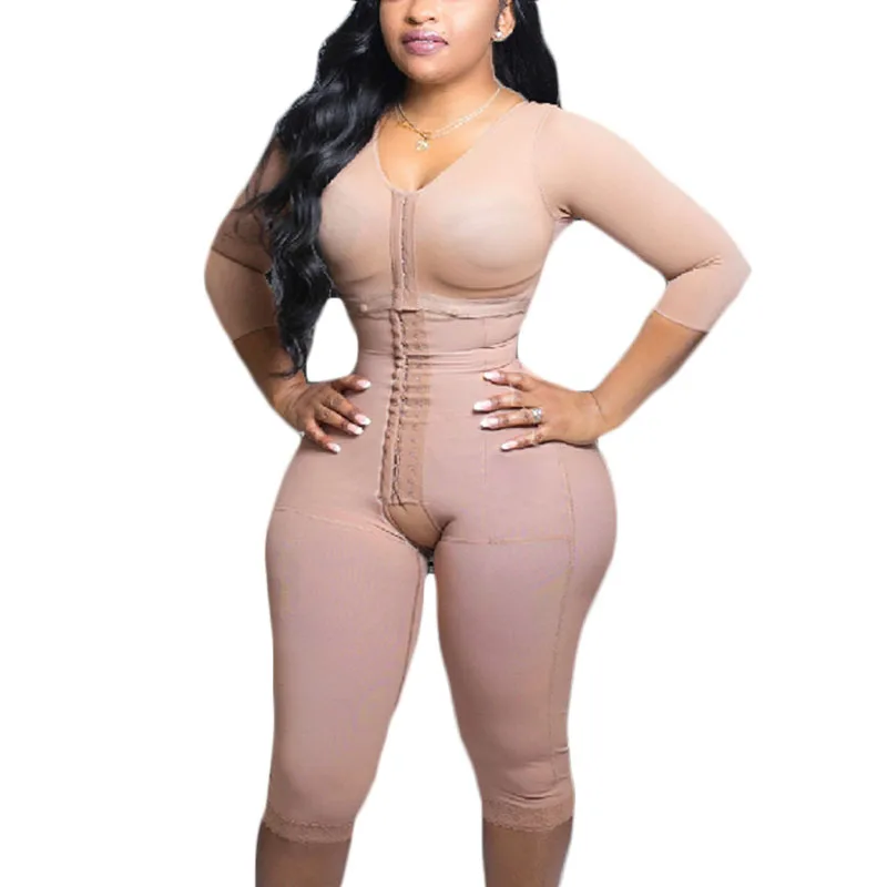 Full Body Shapewear With Sleeves Knee Length Shorts Butt Lift Up Tigh Slimming Front Hooks Waist Trainer Shapewear for Women