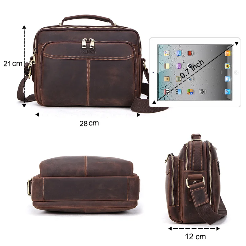 Crazy Horse Leather Men Messenger Bag Small Men Crossbody Bag For 10.5\