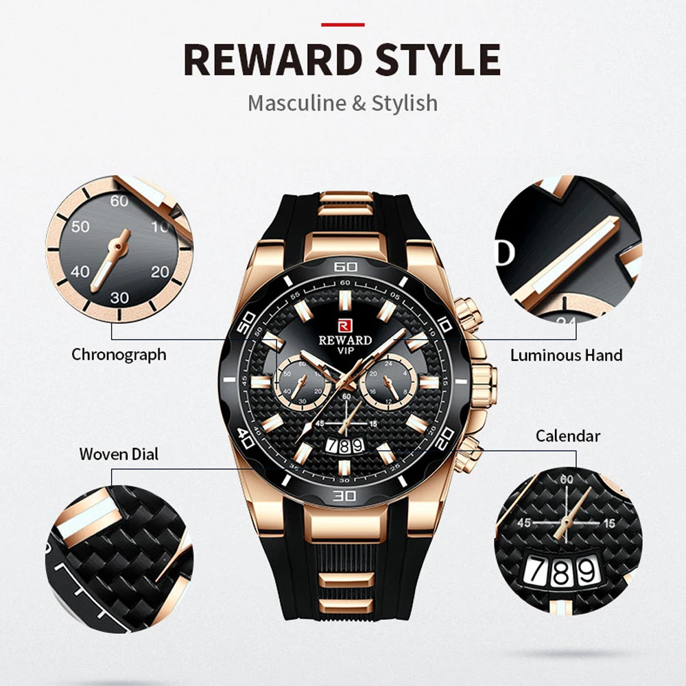 REWARD-Reloj deportivo para hombres, pulsera de mano de cuarzo masculina en material de silicona, estilo cronógrafo de lujo de marca superior, dial